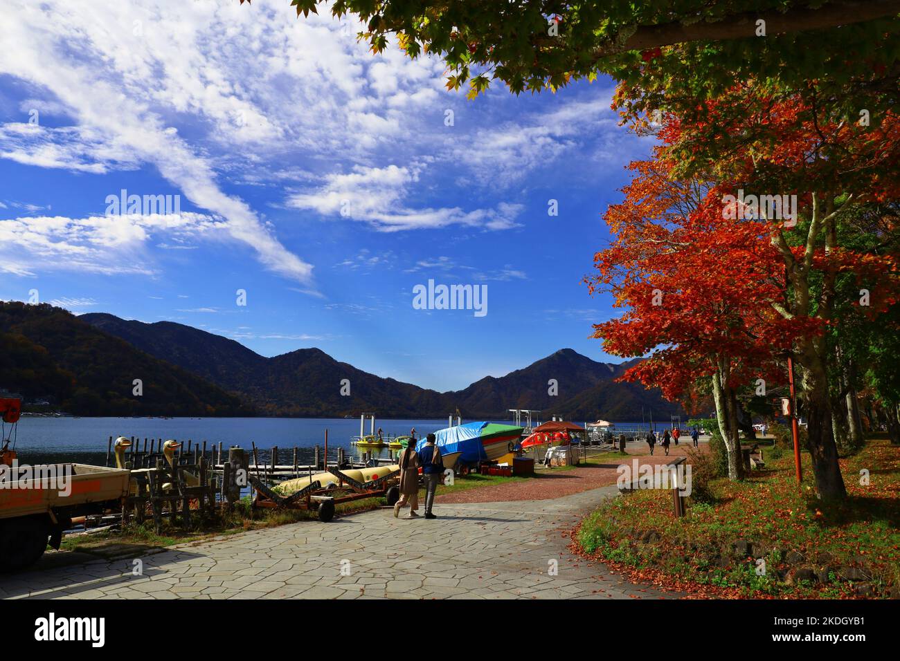 Beautiful scenery of Japan Lake Chuzenji in Nikko with autumn leaves Stock Photo