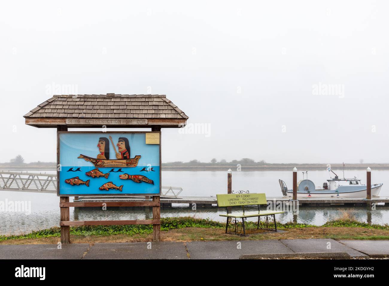 South Bend, WA. USA - 10-2022: Sign representing Chinook Nation in Robert Bush Park on a foggy morning Stock Photo