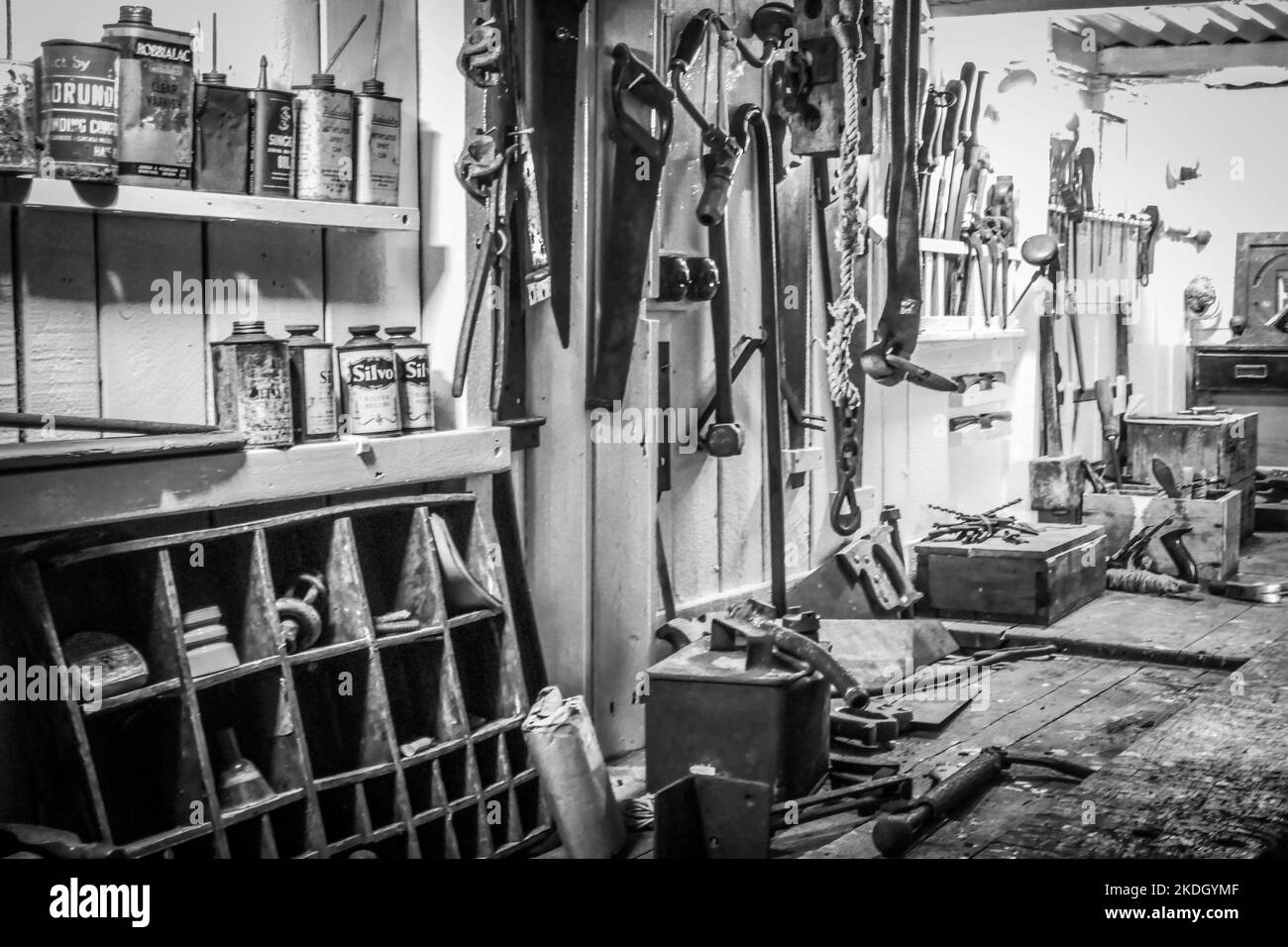 An old style workshop in Antarctica, in black and white Stock Photo