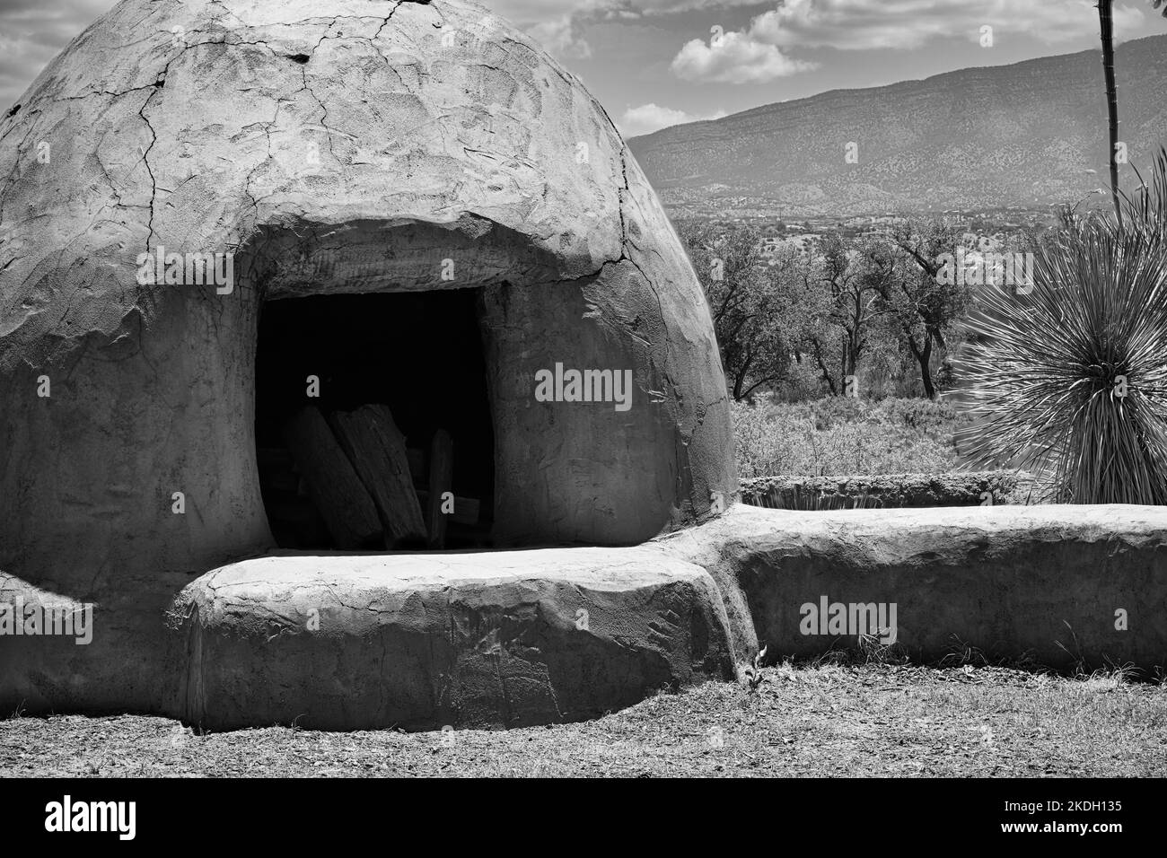 Traditional Horno or Bread Oven in Black and White from the Southwestern Desert of the United States Stock Photo