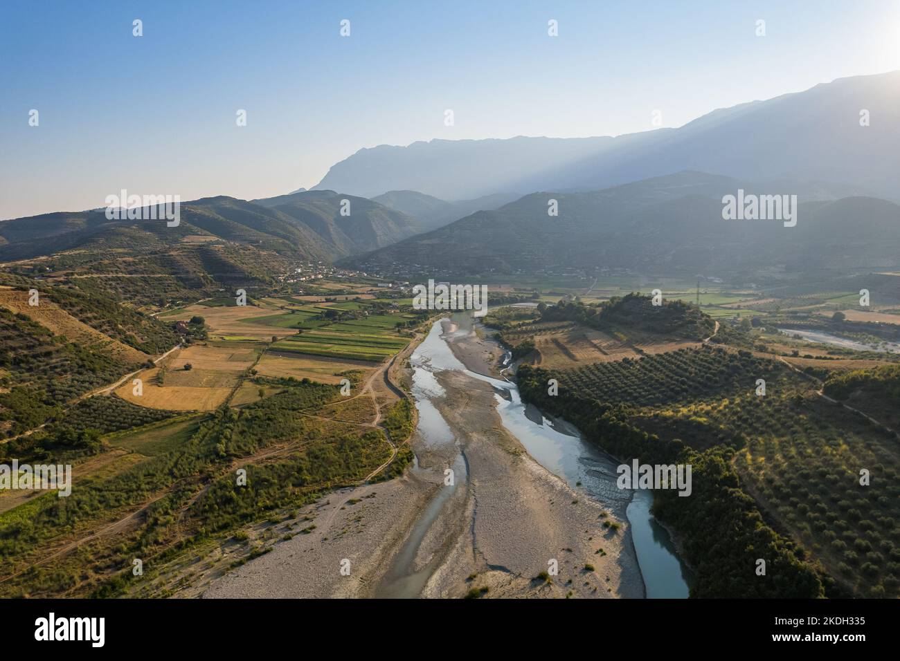 Panoramic view on river Osumi by village Mrakull near Polican in Albania in Summer sunrise Stock Photo