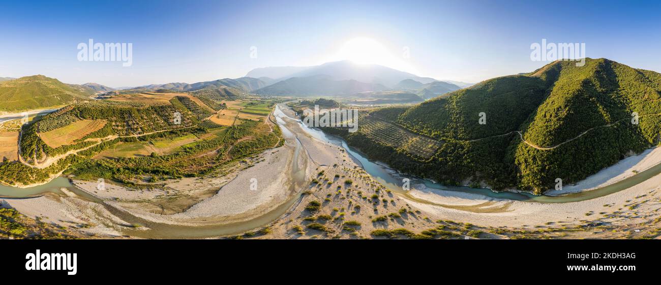 Panoramic view on river Osumi by village Mrakull near Polican in Albania in Summer sunrise Stock Photo
