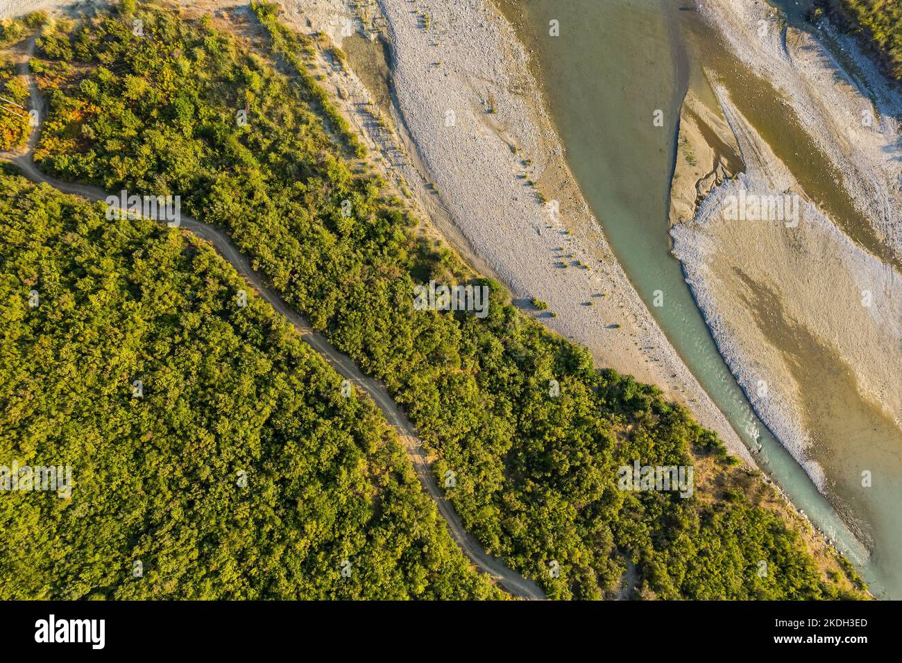 Aerial view of river Osumi by village Mbrakull near Polican in Albania in Summer sunrise Stock Photo