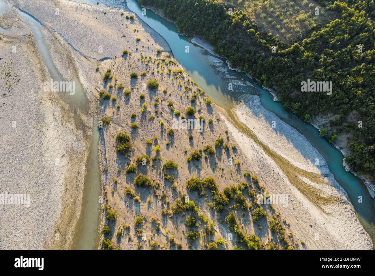 Aerial view of river Osumi by village Mbrakull near Polican in Albania in Summer sunrise Stock Photo