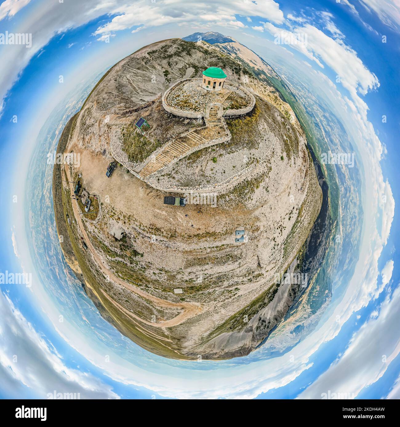 Panoramic planet of Mount Tomorr - is situated within the Tomorr National Park with Shrine (tyrbe) of Abbas ibn Ali on the top - in Summer, Albania Stock Photo