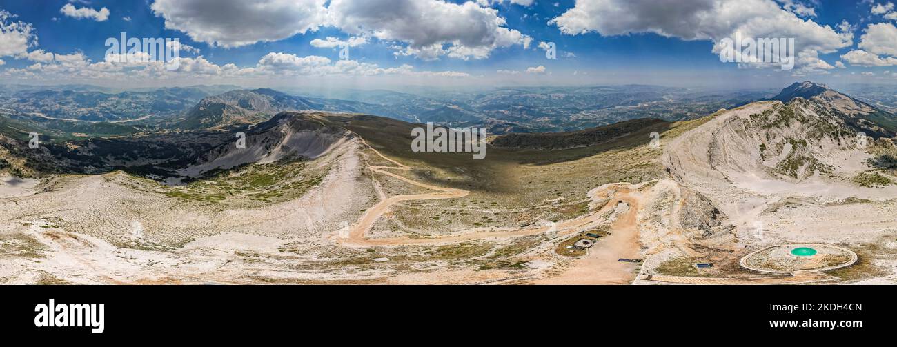 Drone panorama of Mount Tomorr in the Tomorr National Park with Shrine (tyrbe) of Abbas ibn Ali on the top in Summer, Albania Stock Photo