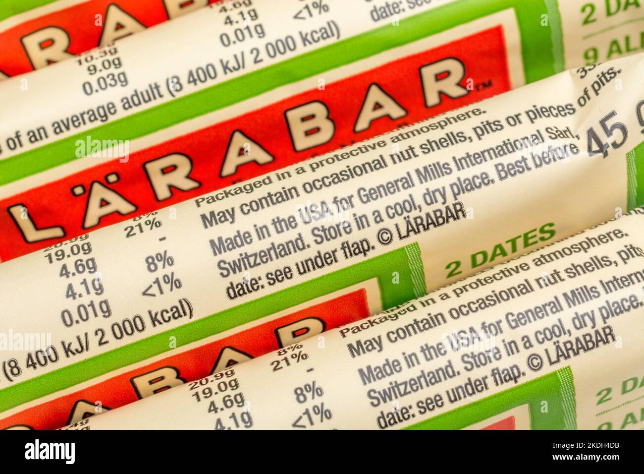 Close shot of Made in the USA & other maker info. on plastic foil packaging of General Mills' whole-food Lärabar energy bar (apple pie flavour). Stock Photo