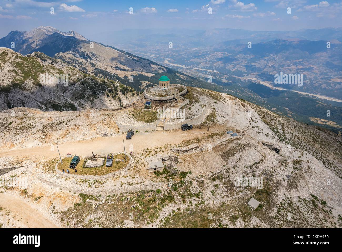 Mount Tomorr is situated within the Tomorr National Park with Shrine (tyrbe) of Abbas ibn Ali on the top in Summer, Albania Stock Photo