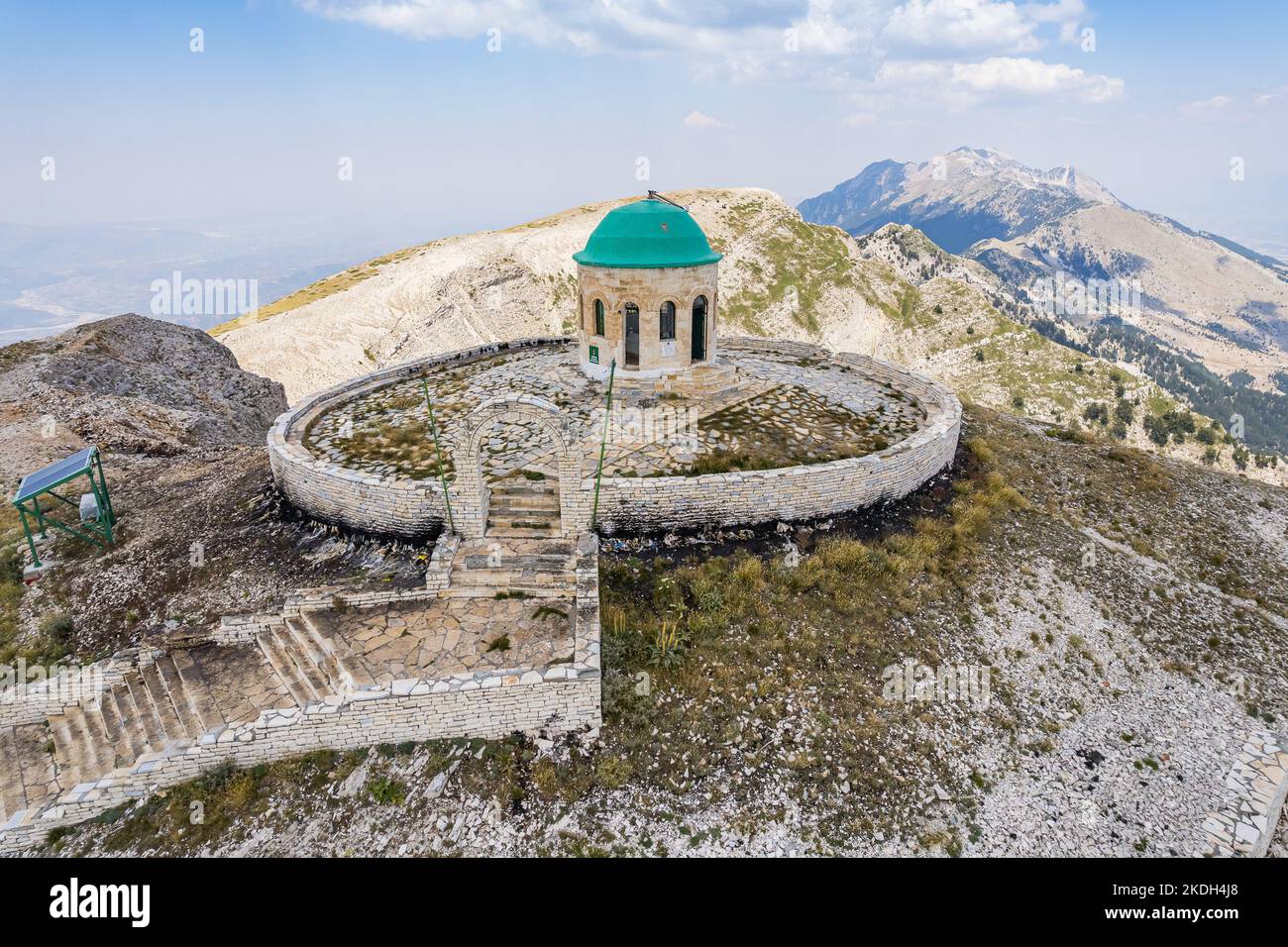 Mount Tomorr is situated within the Tomorr National Park with Shrine (tyrbe) of Abbas ibn Ali on the top in Summer, Albania Stock Photo