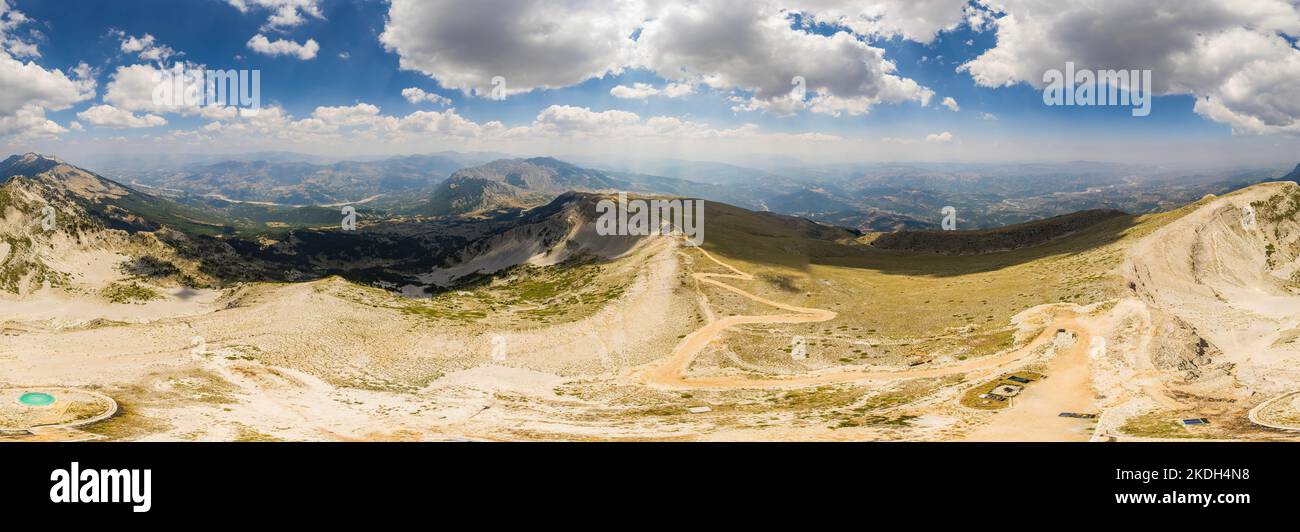 Drone panorama of Mount Tomorr in the Tomorr National Park with Shrine (tyrbe) of Abbas ibn Ali on the top in Summer, Albania Stock Photo