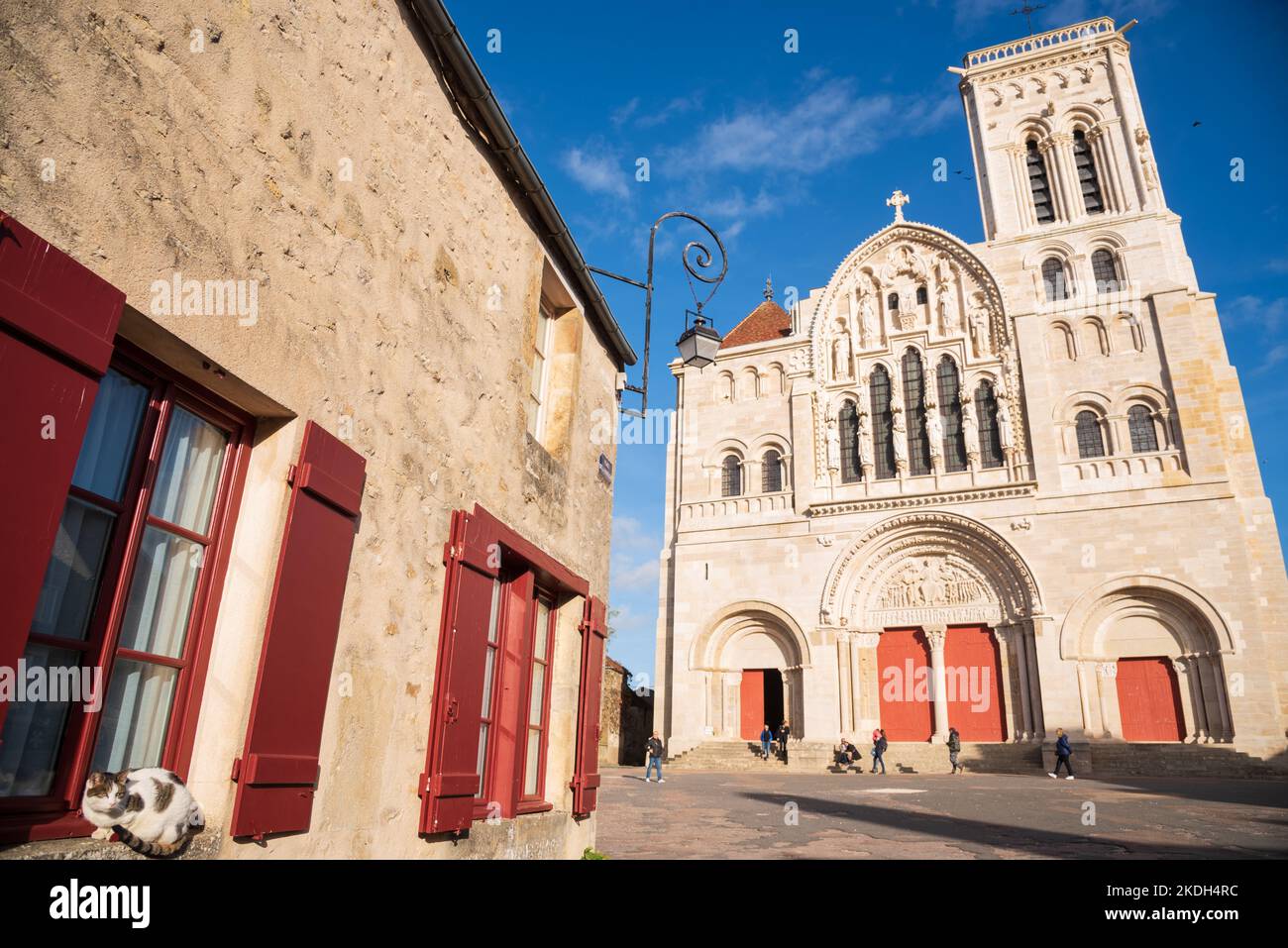 Cat welcoming visitors of famous  Vezelay abbey church in medieval village of Vezelay, Burgundy, France. Stock Photo