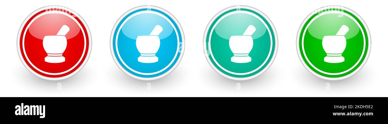 Mortar, pestle, pharmacy concept vector icons, colorful glossy buttons