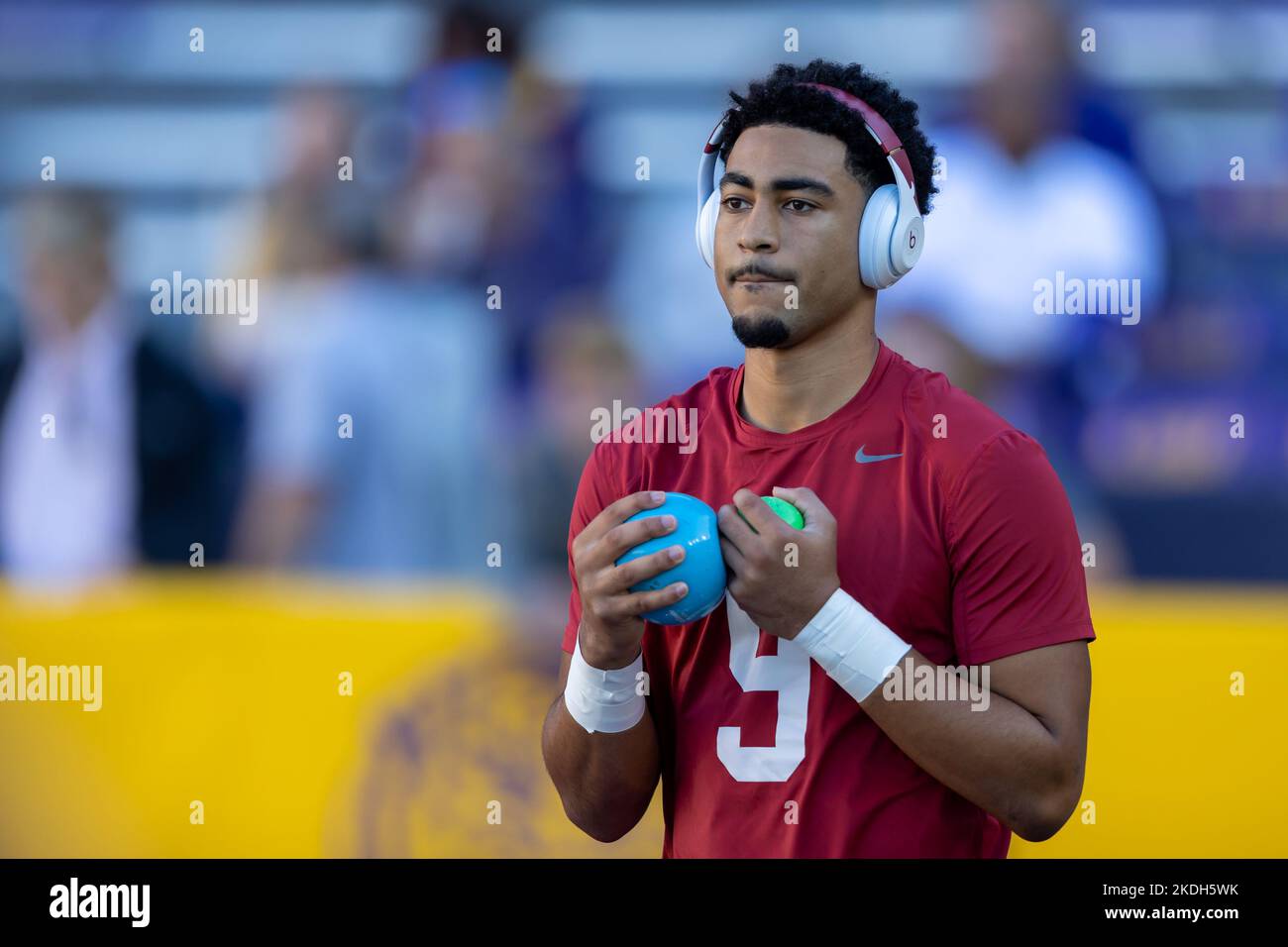 Alabama Crimson Tide quarterback Bryce Young (9) gets prepared for the LSU Tigers while loosening up the shoulders, Saturday, Nov. 5, 2022, in Baton R Stock Photo