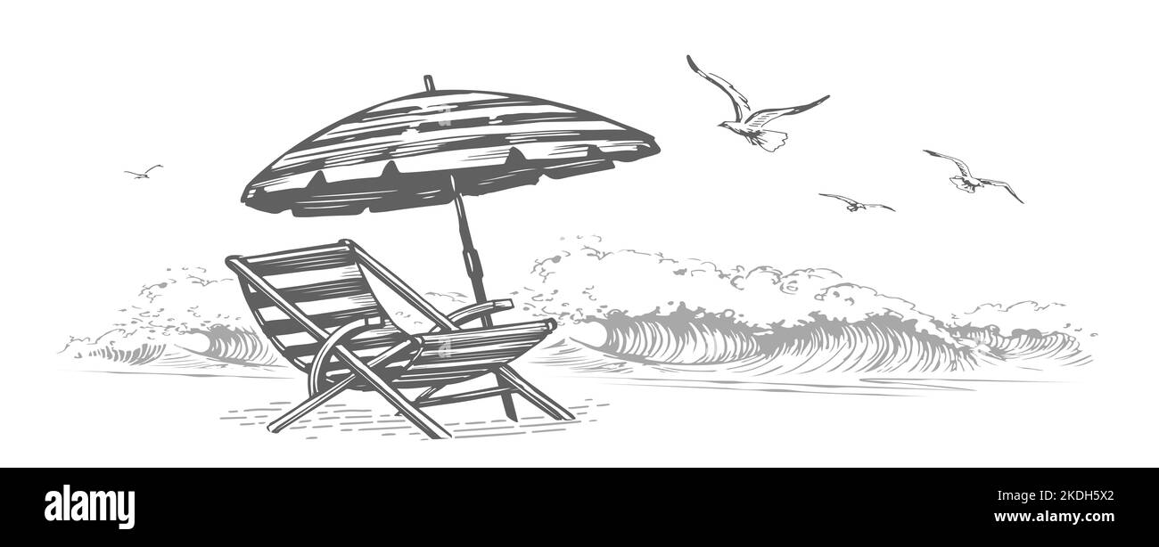 Beach chair and umbrella on tropical sand beach. Sea waves and seagulls birds illustration. Travel concept Stock Photo
