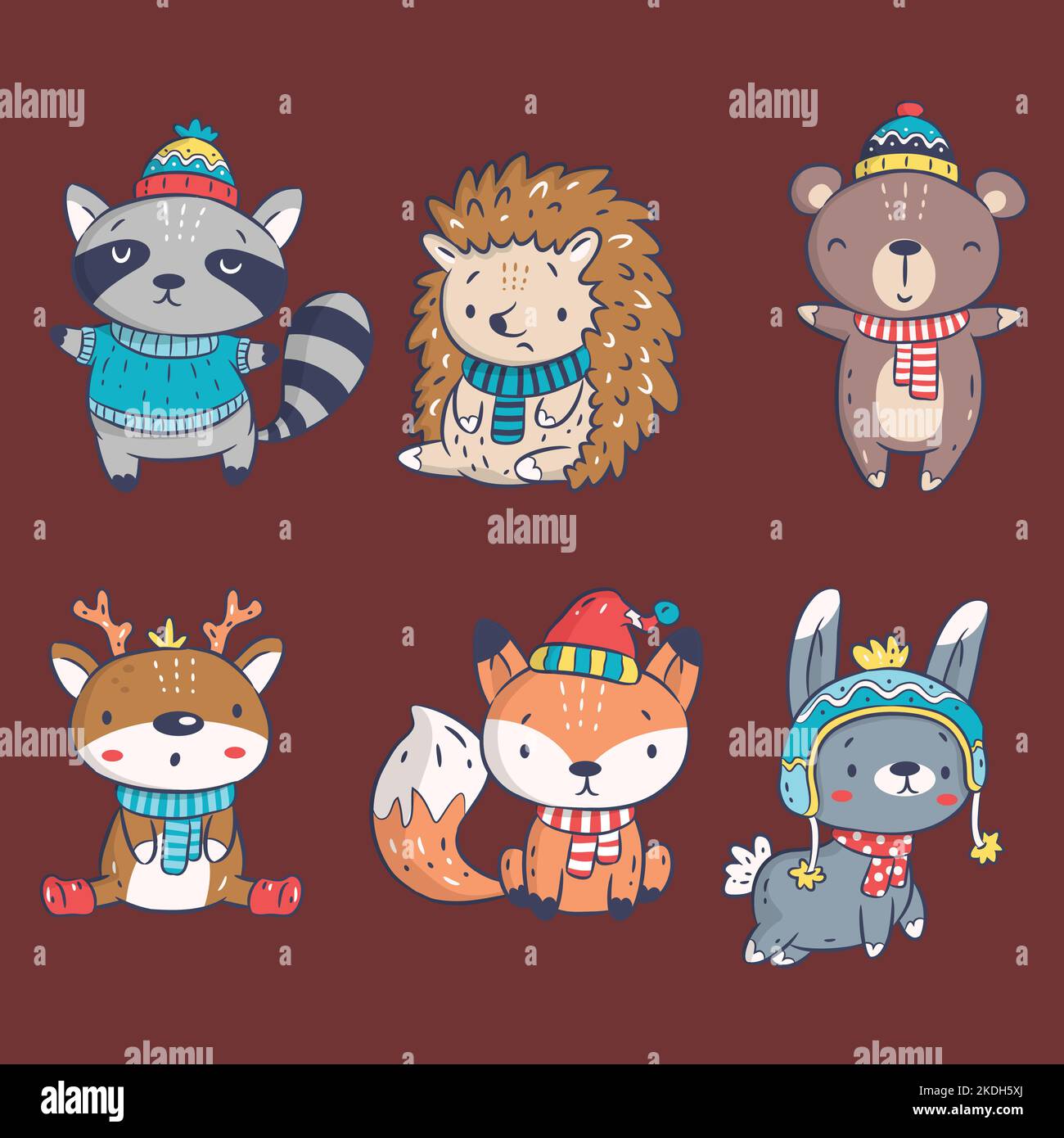 hand drawn flat winter animals collection vector design illustration ...