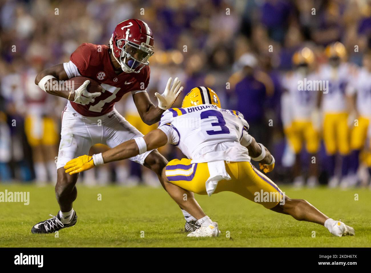 Alabama Crimson Tide wide receiver Ja'Corey Brooks (7) holds off LSU Tigers safety Greg Brooks Jr. (3) from wraping up the legs, Saturday, Nov. 5, 202 Stock Photo