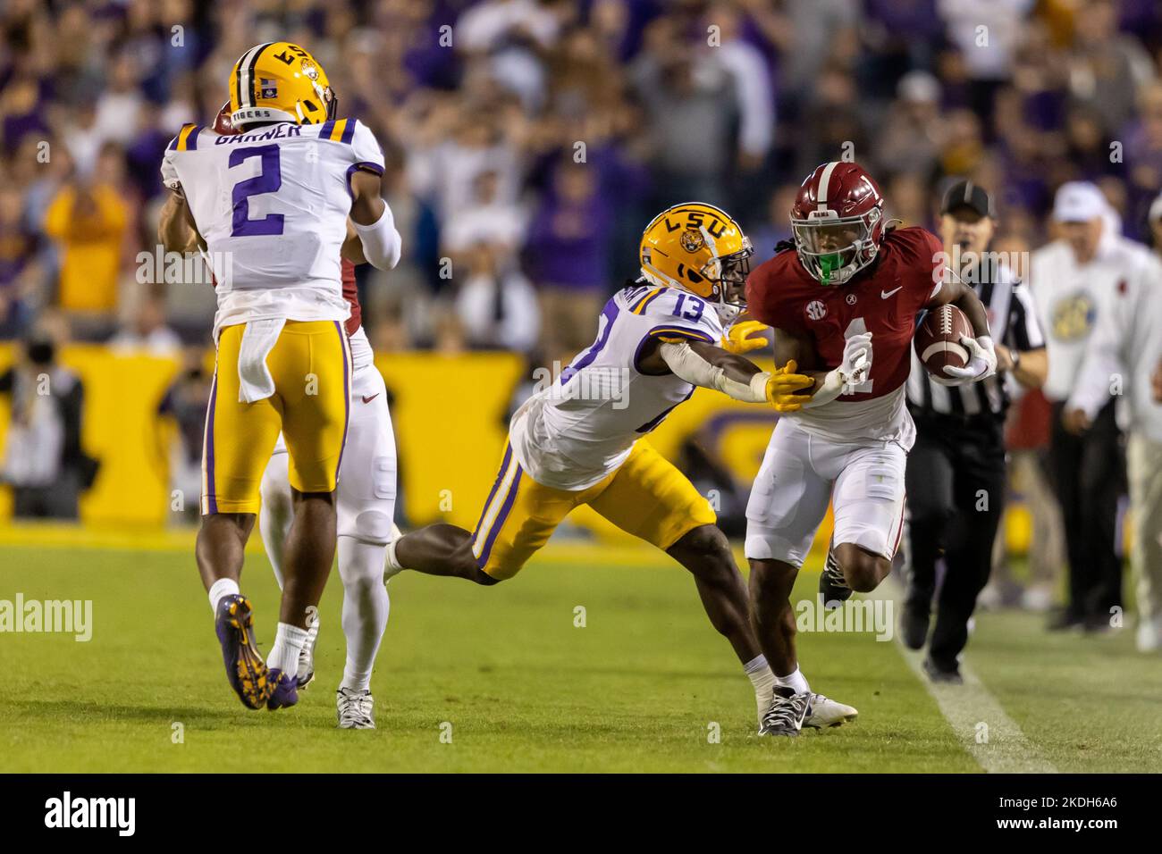Alabama Crimson Tide running back Jahmyr Gibbs (1) is pushed out of bound by LSU Tigers safety Joe Foucha (13), Saturday, Nov. 5, 2022, in Baton Rouge Stock Photo