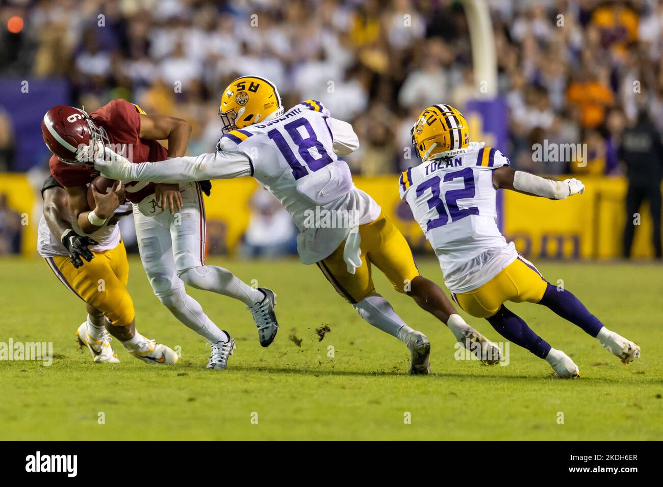 Alabama Crimson Tide quarterback Bryce Young (9) carries the ball as LSU Tigers defensive end BJ Ojulari (18) grabs the facemask, Saturday, Nov. 5, 20 Stock Photo