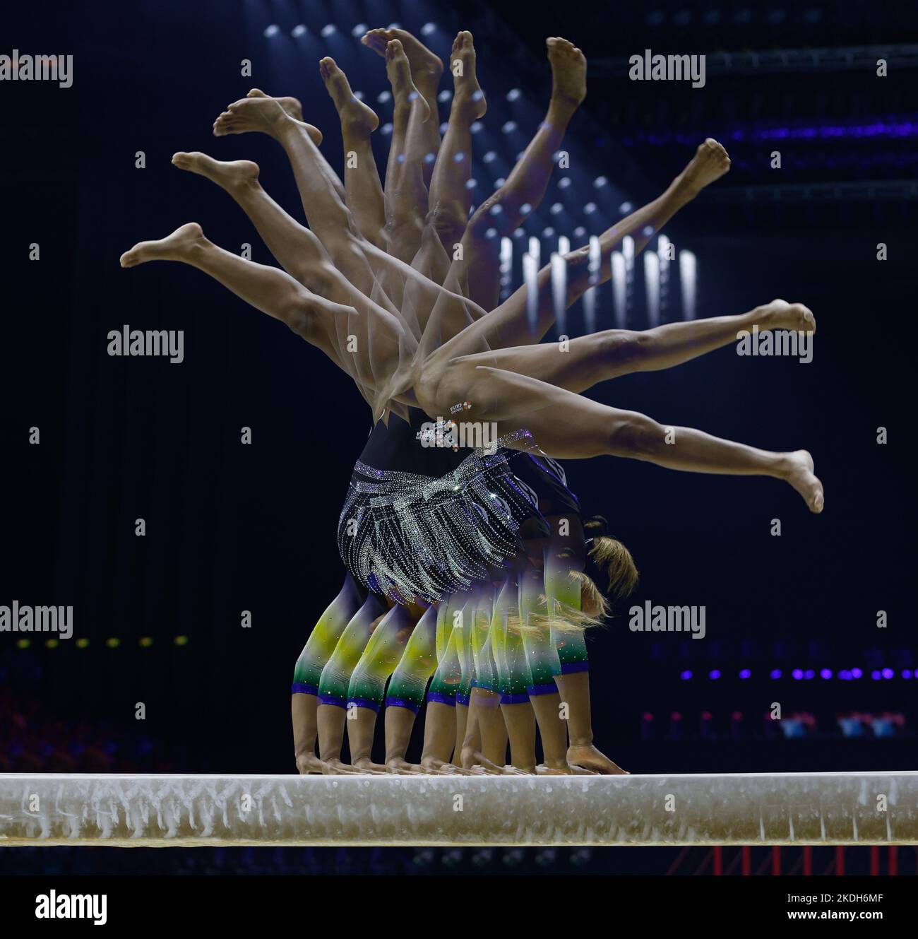 Liverpool, UK. 6th November 2022,  M&amp;S Bank Arena, Liverpool, England; 2022 World Artistic Gymnastics Championships Finals; Women's Apparatus Final Beam - Rebeca Andrade (BRA) multiple exposure Credit: Action Plus Sports Images/Alamy Live News Stock Photo