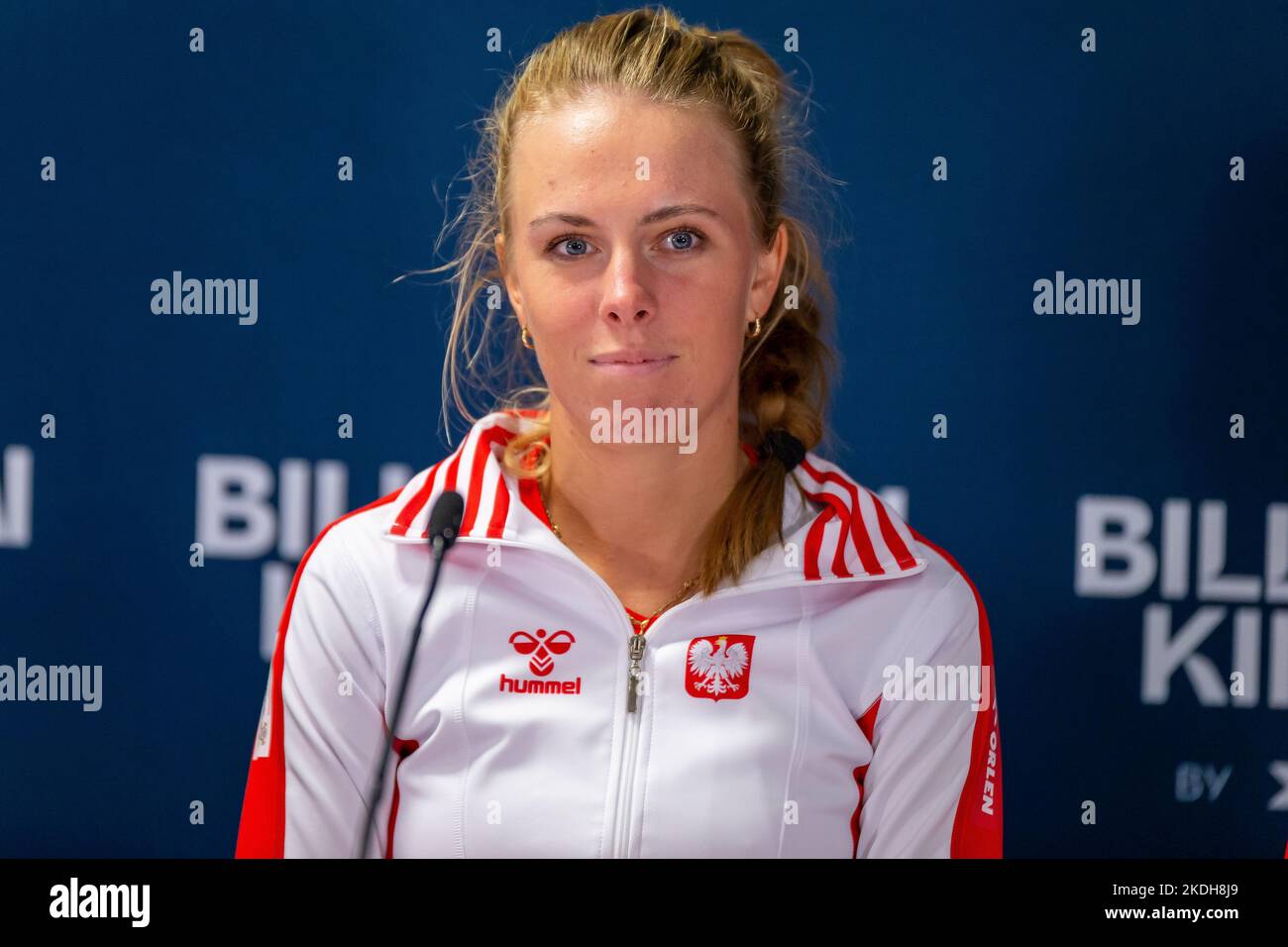 Glasgow, Scotland 6th November 2022. Magdalena Frech spaking at the Polish Team press conference ahead of the Billy Jean King Cup Stock Photo