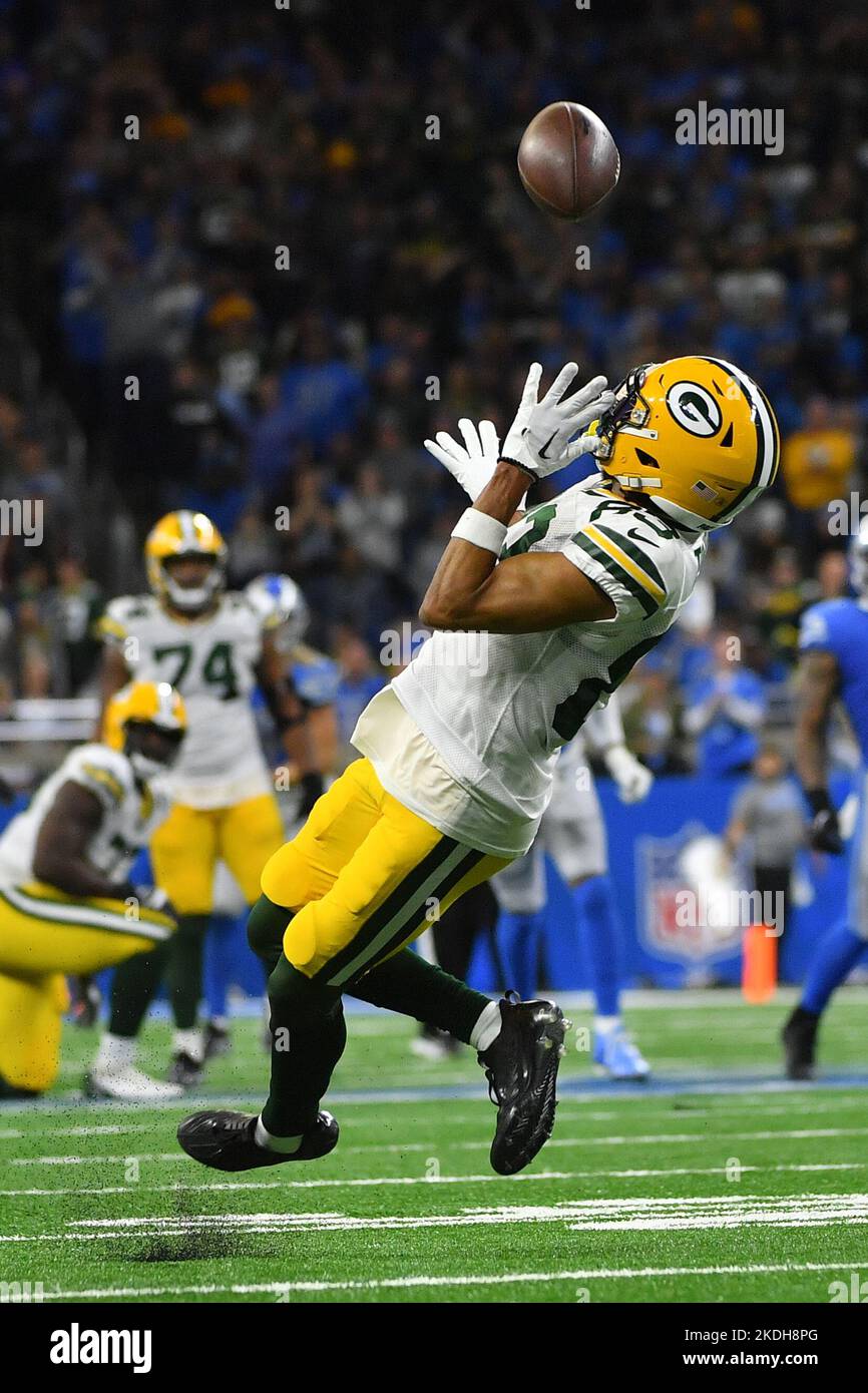 DETROIT, MI - NOVEMBER 06: Green Bay Packers WR Samori Toure (83) is able to adjust to a pass during the game between Green Bay Packers and Detroit Lions on November 6, 2022 in Detroit, MI (Photo by Allan Dranberg/CSM) Credit: Cal Sport Media/Alamy Live News Stock Photo