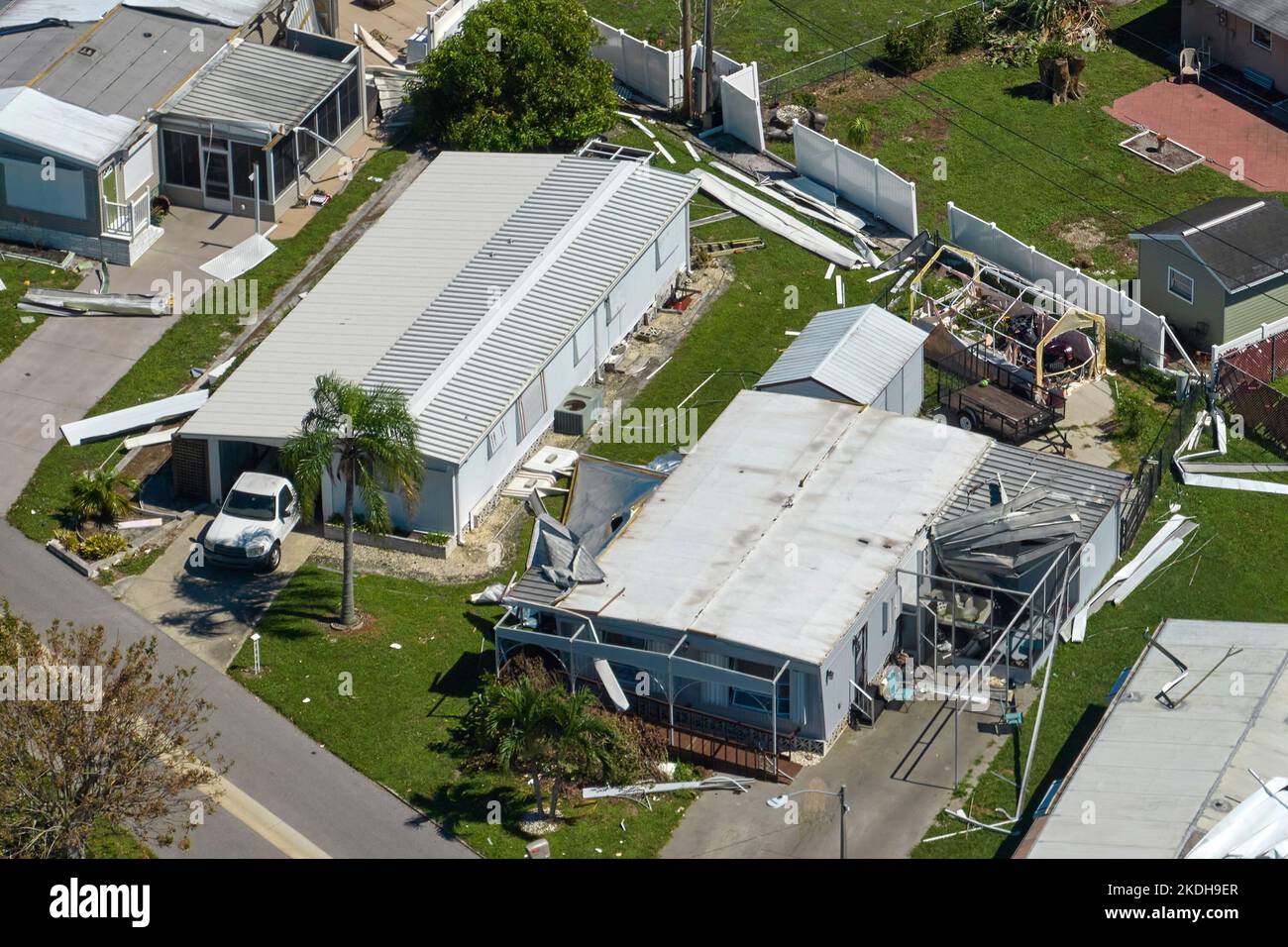 Destroyed by hurricane Ian suburban houses in Florida mobile home