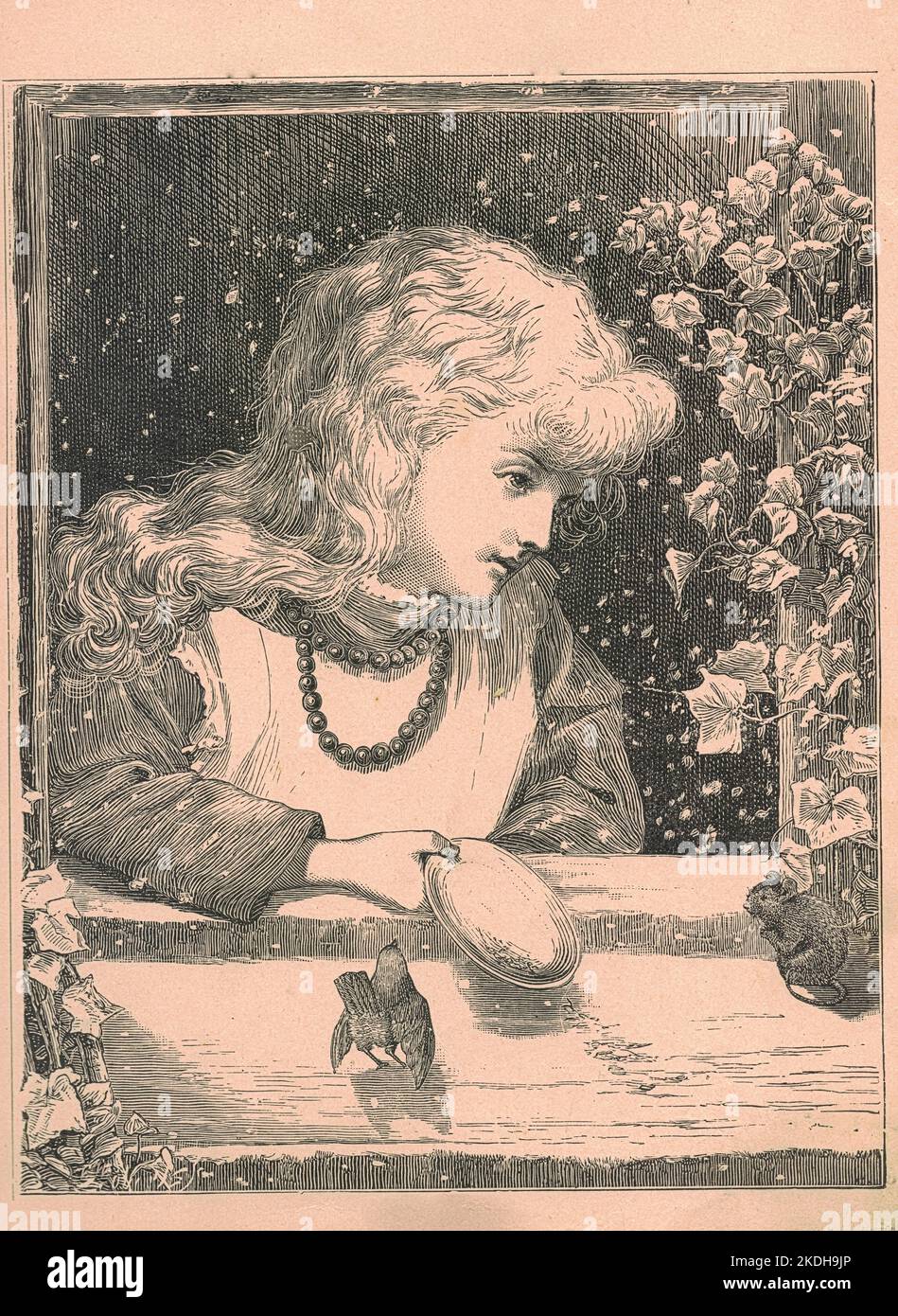 Black & white antique illustration shows a fair-haired little girl and ...