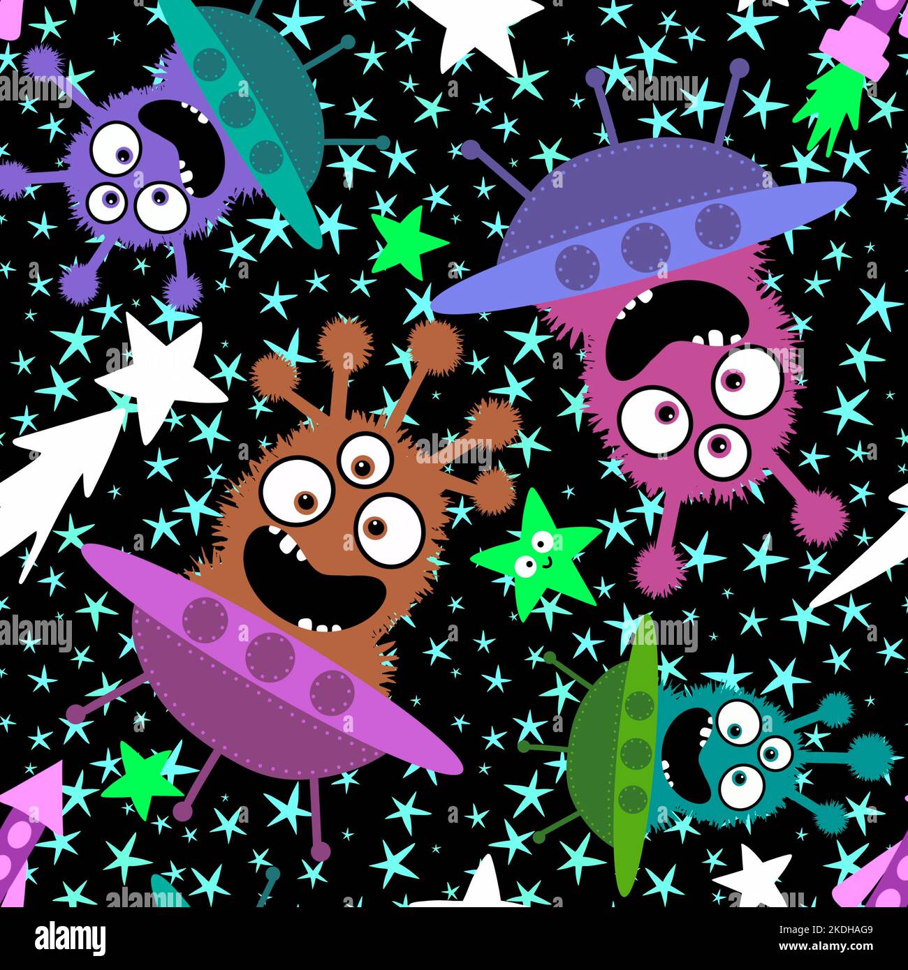 Cartoon aliens monsters seamless spaceship and stars pattern for ...