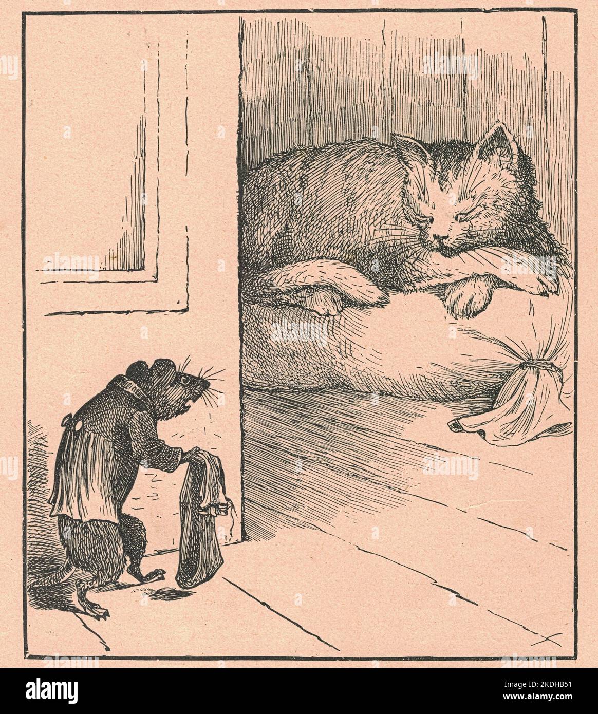 Black & white antique illustration shows a cat and a mouse. Vintage ...