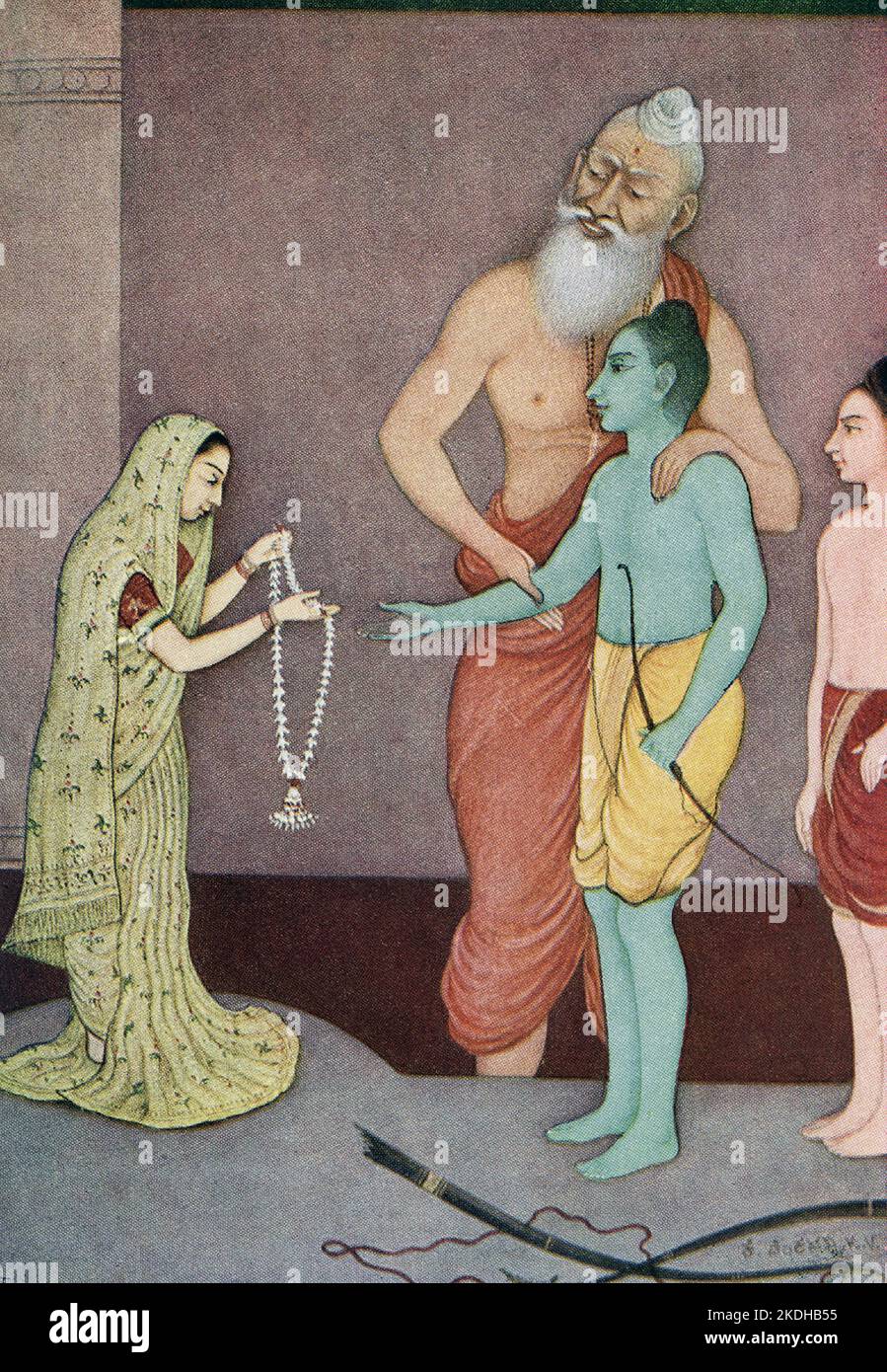 This print showing Rama's Marriage dates to 1913. According to the Ramayana, Lord Shiva had gifted a celestial bow to King Janaka of Mithila. King Janaka set the condition that he would marry his daughter Sita to the person who would be able to string Pinaka, the bow of Lord Shiva. In the assembly of the court of King Janaka, Rama effortlessly lifted the bow and stringed it, and then, stretching the bowstring to examine its tautness, Rama unintentionally broke the bow, the sound of its breaking resounded like thunder and the earth trembled. Stock Photo