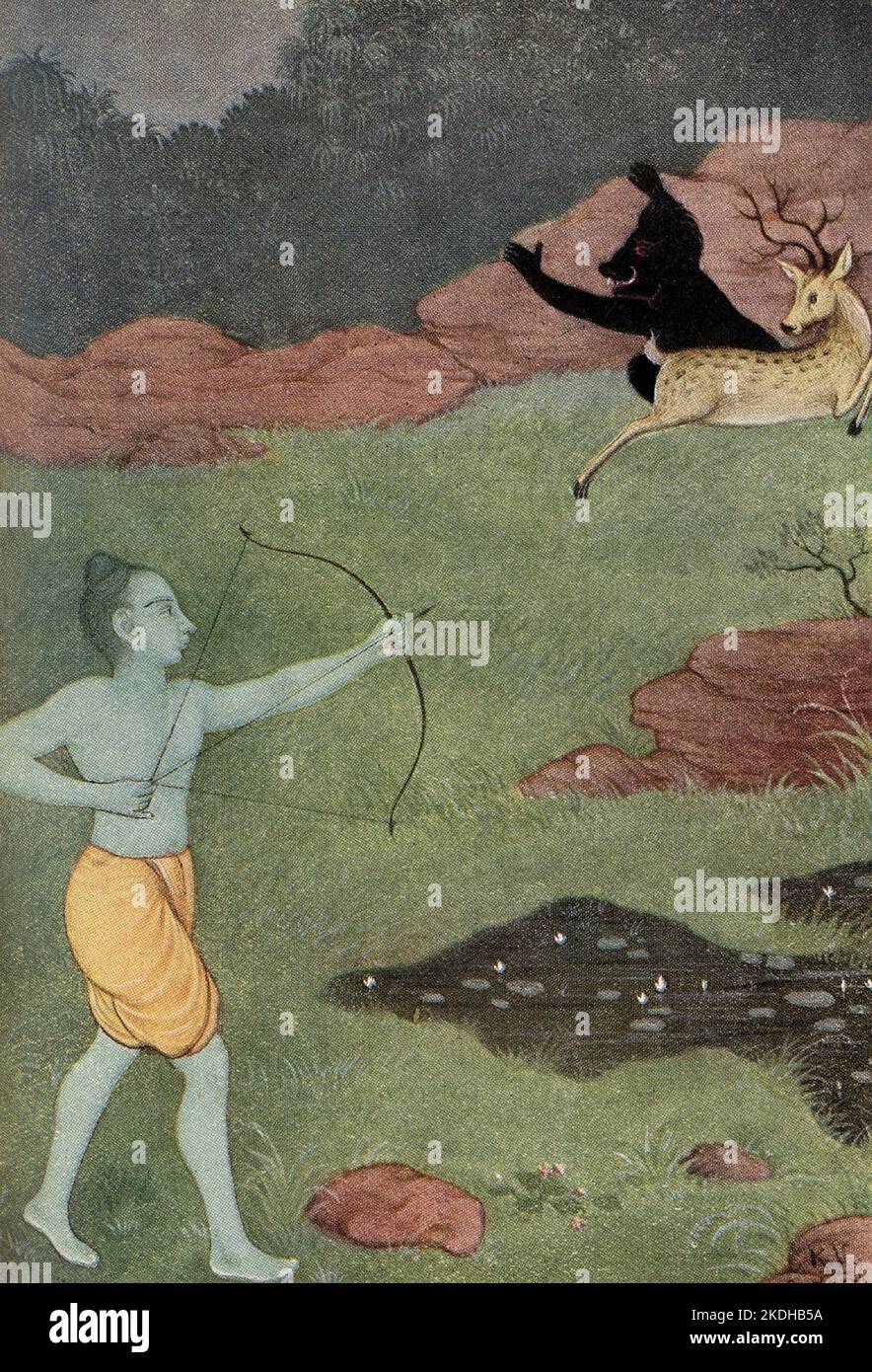 This print of the Death of Maricha dates to 1913. Rama fired his Astra (weapon) Manavastra (which could hit a target miles away) from his bow. The arrow struck Maricha's chest and threw him a hundred leagues away, into the ocean. In the Hindu epic Ramayana, Maricha (also spelled Mareecha) is a demon, who was killed by Rama, the hero of the epic and an avatar of Lord Vishnu. Stock Photo