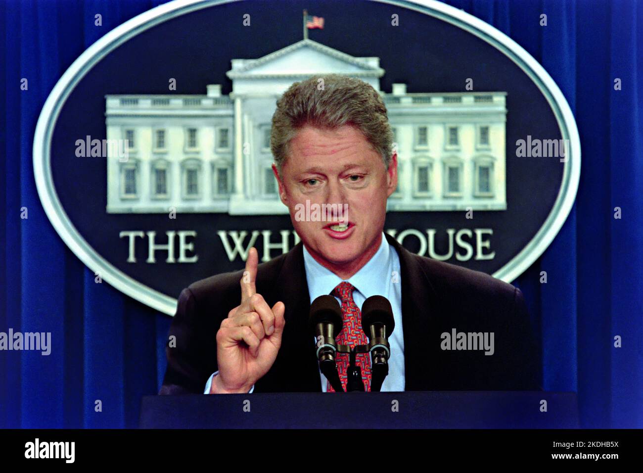 U.S. President Bill Clinton responds to a question during a press conference in the Briefing Room of the White House, May 8, 1996 in Washington, D.C. Clinton discussed his executive order creating an emergency mediation board to avert a nationwide railroad strike. Stock Photo