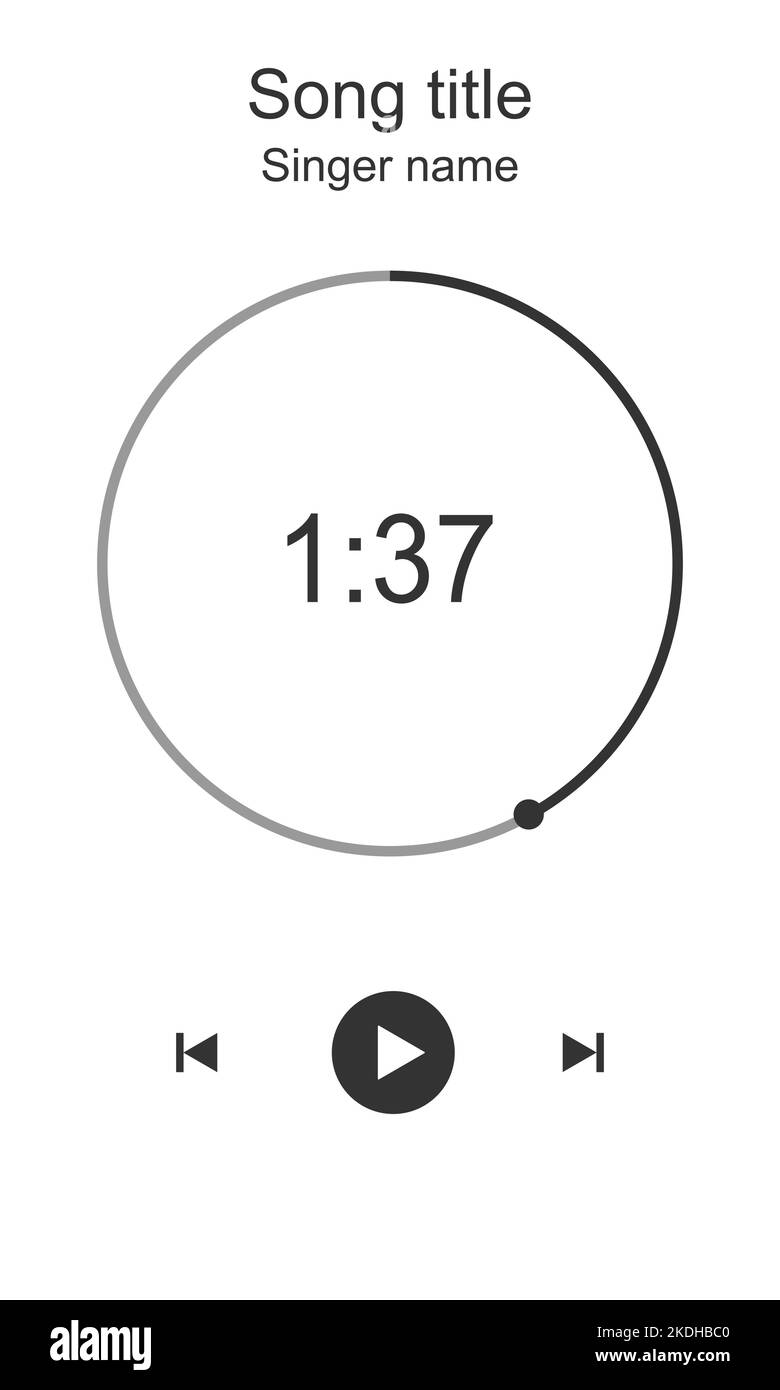 Audioplayer interface with round loading bar, timer, rewind, play and fast forward buttons. Music player playback layout. Song, podcast, stream, radio listening graphic element. Vector illustration Stock Vector