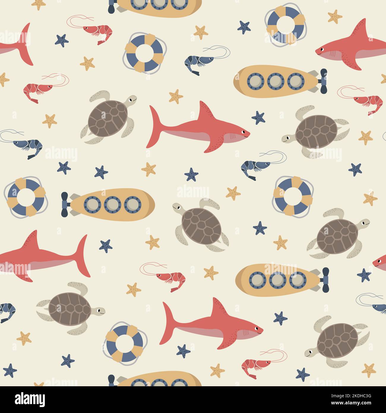 Vector seamless pattern with shark,submarine,turtle,shrimp,starfish,lifebuoy.Underwater cartoon creatures.Marine background.Cute ocean pattern for Stock Vector