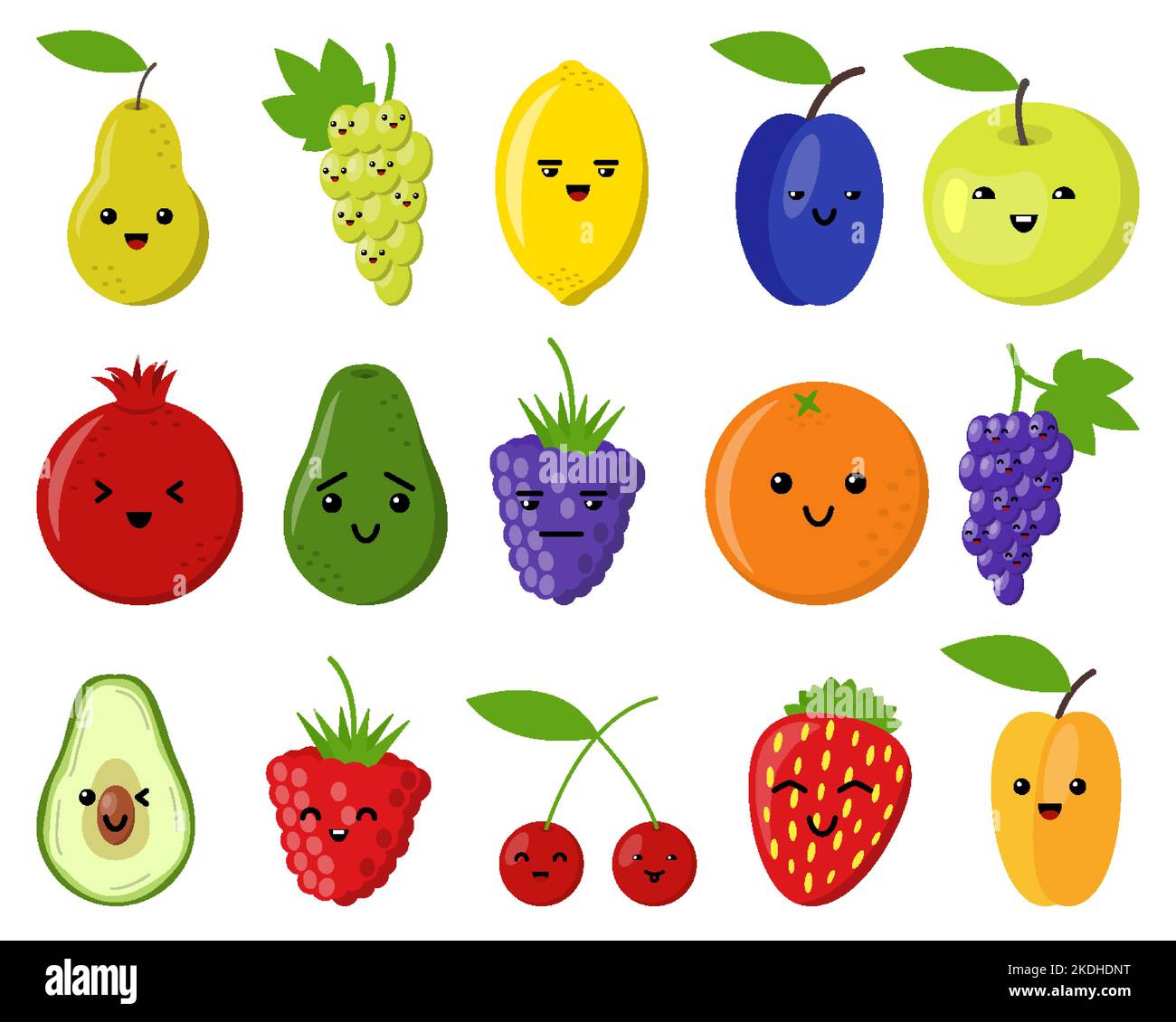 Fruit cartoon cute emoji set. Fun smile characters raspberry strawberry