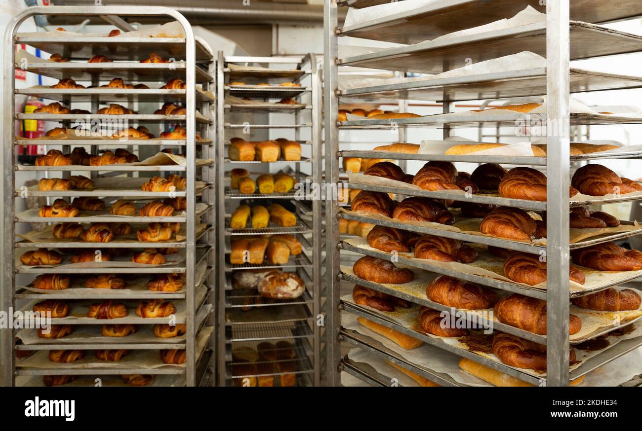 Freshly baked bread on racks in a bakery Stock Photo