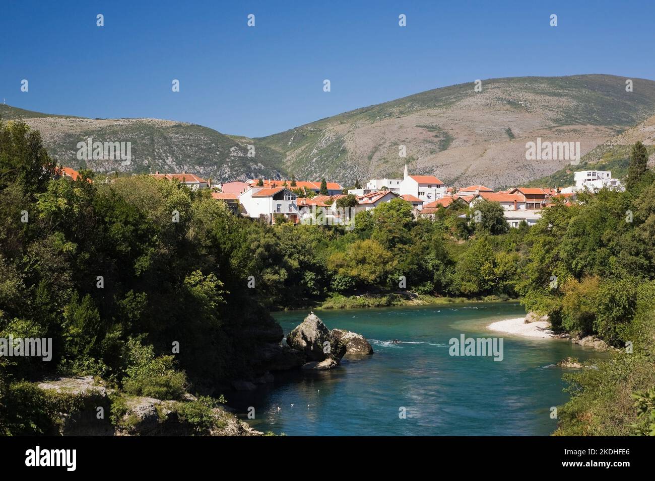 Neretva river and residential homes, Mostar, Bosnia and Herzogovina