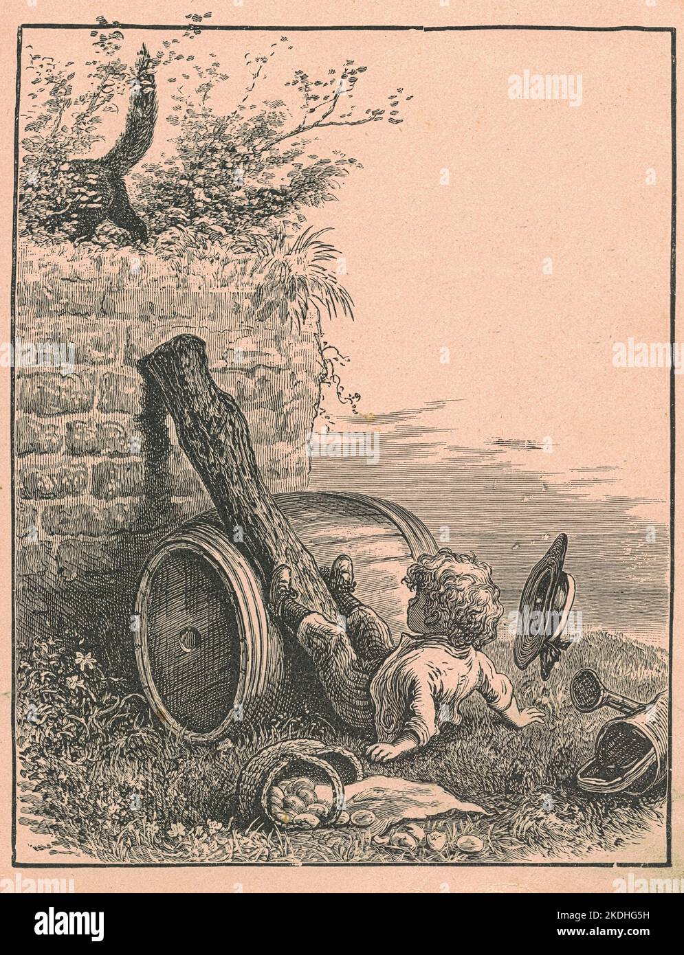 Antique illustration shows a boy falls from a seesaw. Vintage