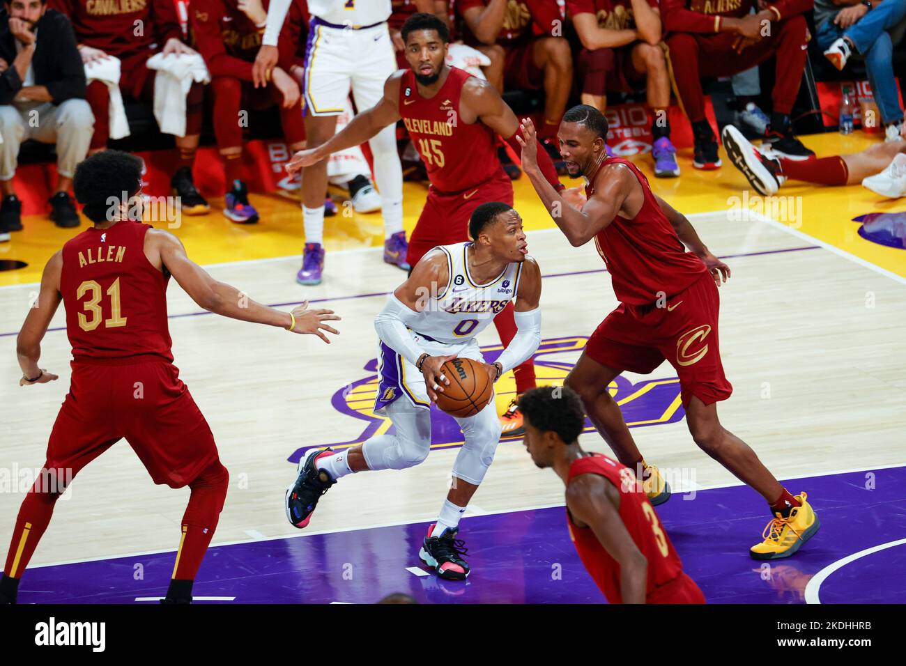 Los Angeles, California, USA. 6th Nov, 2022. Los Angeles Lakers guard Russell Westbrook (0) drives against the Cleveland Cavaliers during an NBA basketball game, Sunday, Nov
