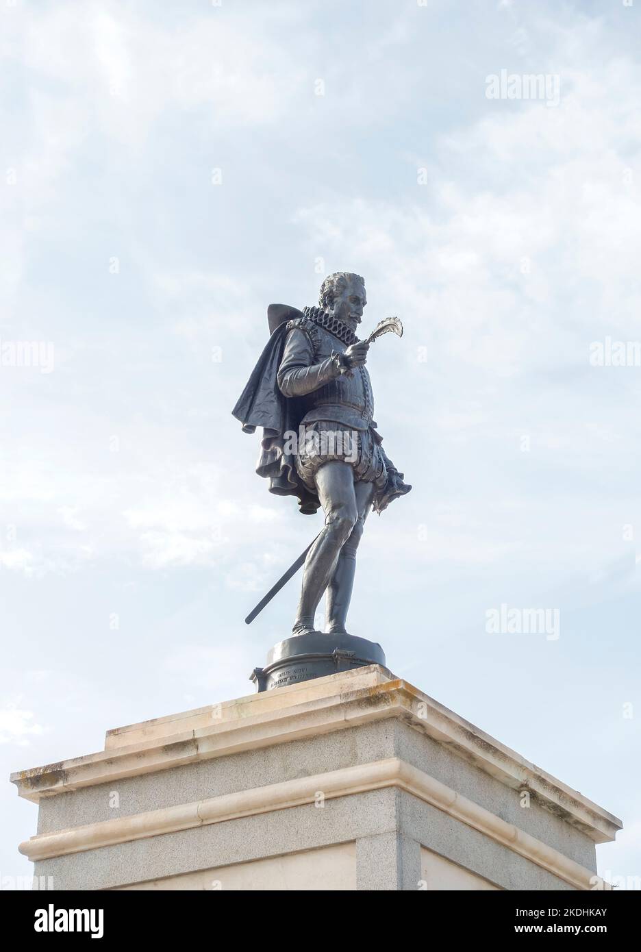 Statue of Spanish writer Miguel de Cervantes Saavedra in the town of his birth Alcala de Henares, Spain with copy space Stock Photo