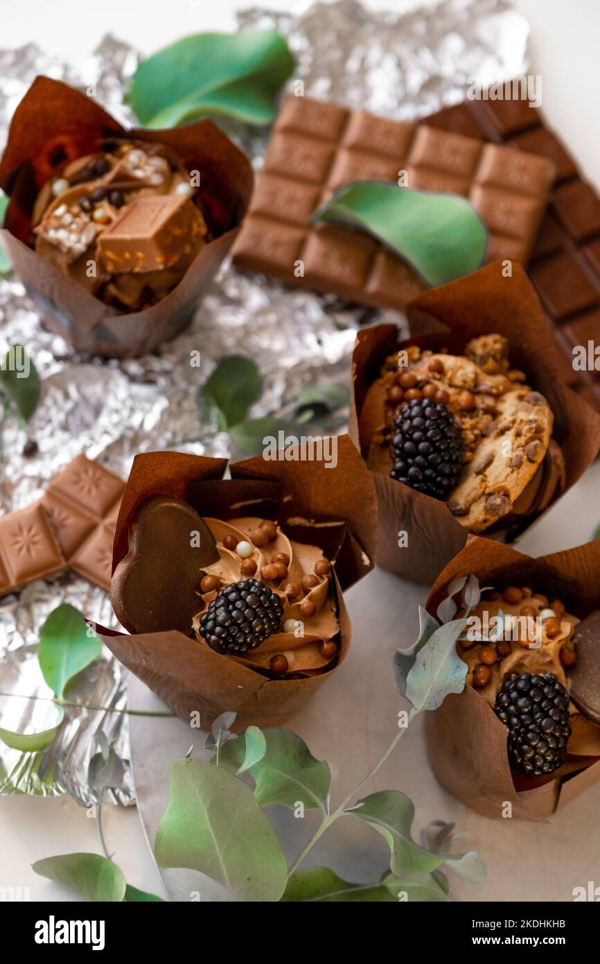 Chocolate muffin with blackberry and eucalyptus leaves on silver foil.Chocolate dessert. Sweets and desserts. Baked goods and desserts Stock Photo