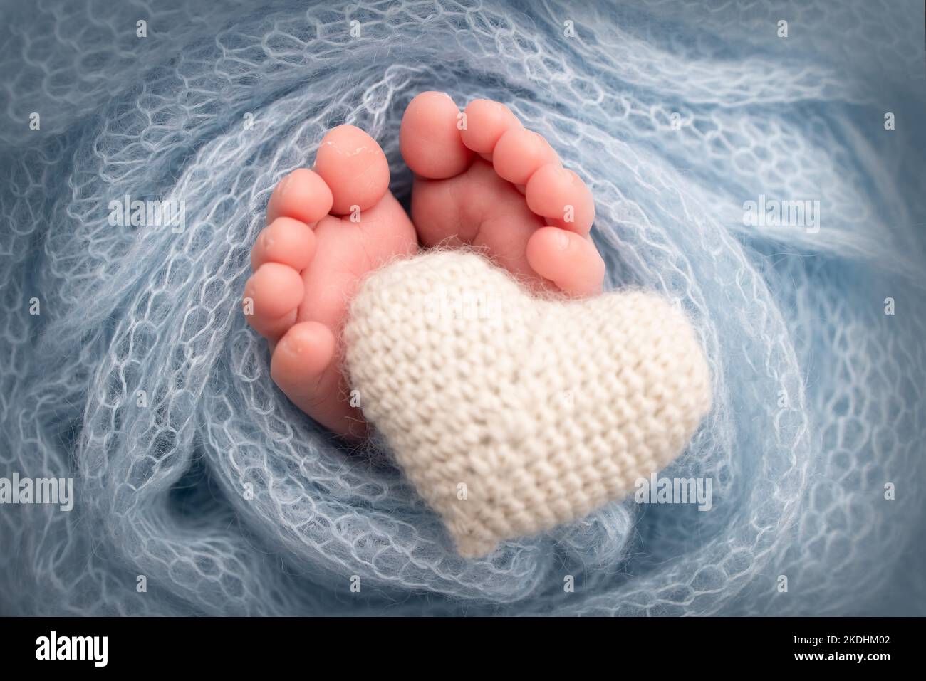 The tiny foot of a newborn baby. Soft feet of a new born in a blue wool