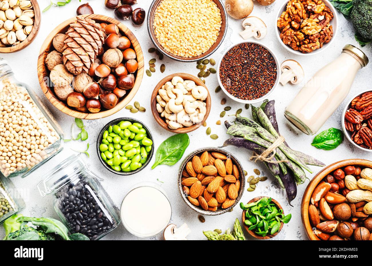 Vegan protein. Full set of plant based vegetarian food sources. Healthy