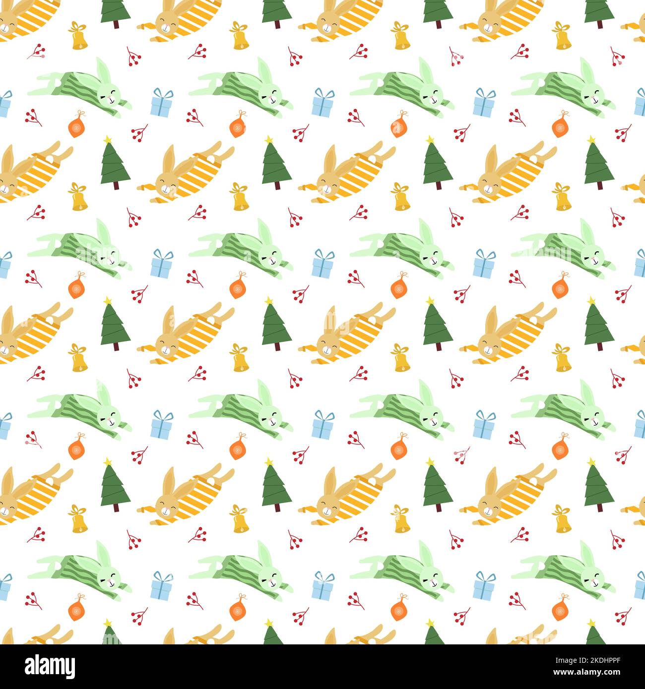 Festive pattern with yellow and green rabbits, Christmas tree and gifts ...