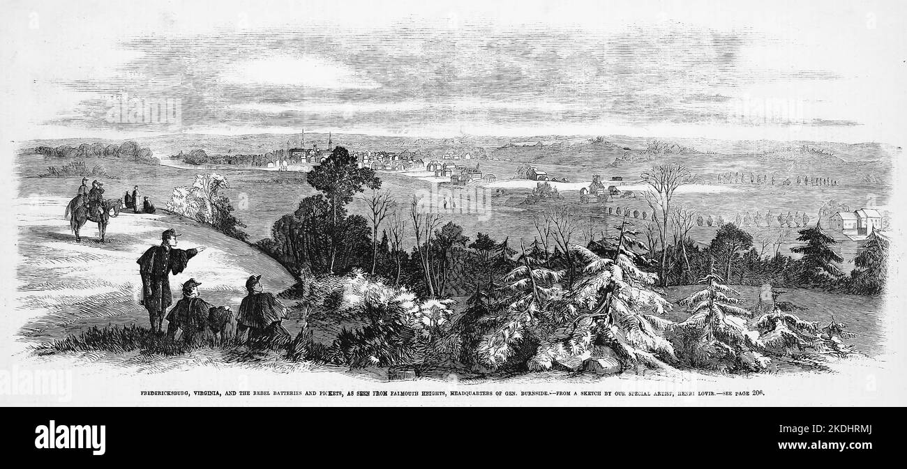 Fredericksburg, Virginia, and the Rebel batteries and pickets, as seen from Falmouth Heights, headquarters of General Ambrose Everett Burnside. December 1862. 19th century American Civil War illustration from Frank Leslie's Illustrated Newspaper Stock Photo