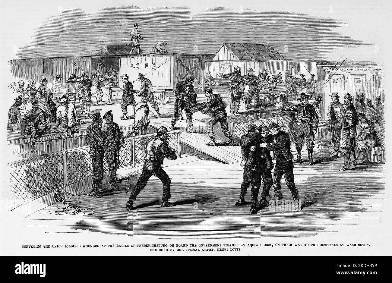 Conveying the Union soldiers wounded at the Battle of Fredericksburg on board the government steamer at Aquia Creek, on their way to the hospitals at Washington, D. C. December 1862. 19th century American Civil War illustration from Frank Leslie's Illustrated Newspaper Stock Photo