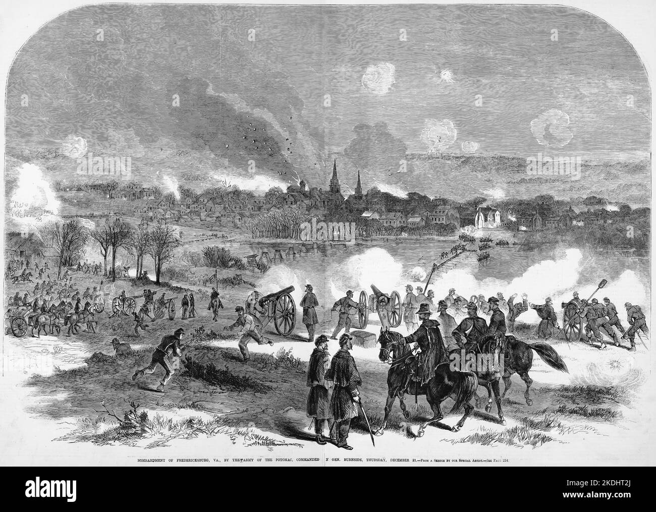 Bombardment of Fredericksburg, Virginia, by the Army of the Potomac, commanded by General Ambrose Everett Burnside, Thursday, December 11th, 1862. Battle of Fredericksburg. 19th century American Civil War illustration from Frank Leslie's Illustrated Newspaper Stock Photo