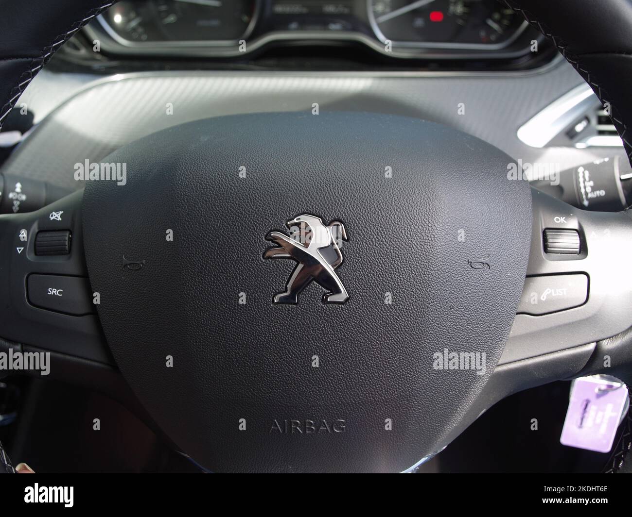 Steering wheel on Peugeot 208 Stock Photo Alamy