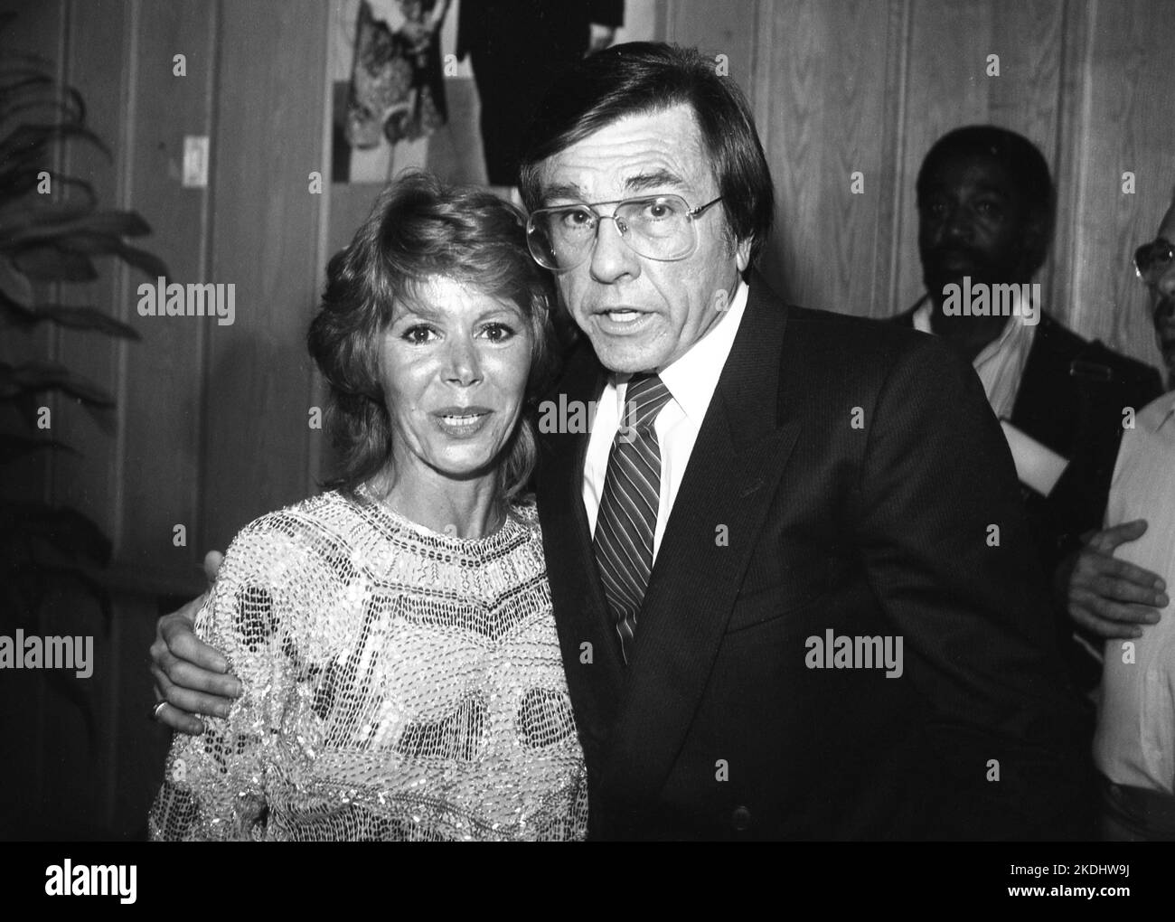 Judy Carne with Gary Owens at the Laugh In Syndication Party thrown by George Schlatter at Chasen's September 1983. Credit: Ralph Dominguez/MediaPunch Stock Photo