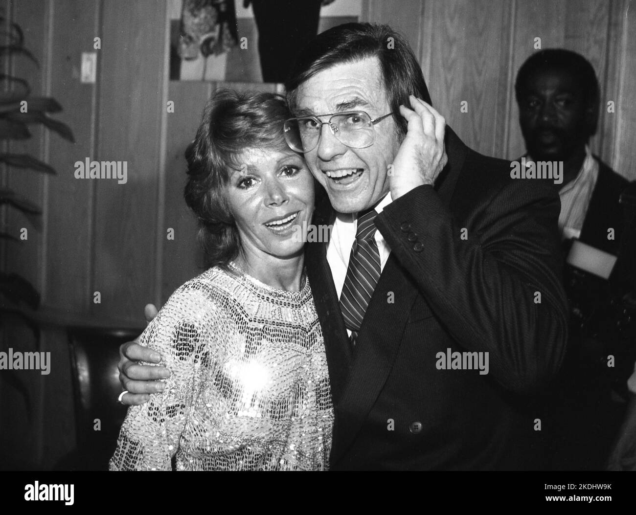 Judy Carne with Gary Owens at the Laugh In Syndication Party thrown by George Schlatter at Chasen's September 1983. Credit: Ralph Dominguez/MediaPunch Stock Photo